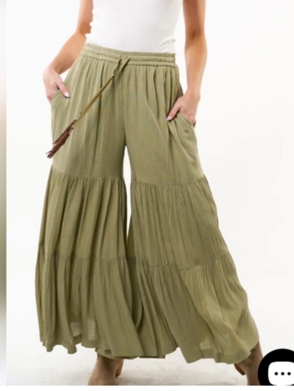 7S.NWT Aratta Dream Palazzo Pants Drawstring Beaded Tassels Olive Wide-Leg $240
